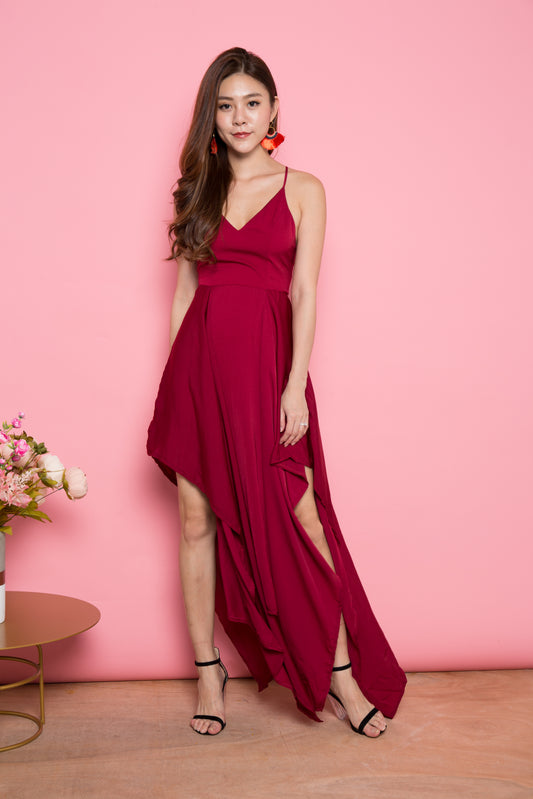 LUXE- Vlera Suede Gown Dress in Burgundy