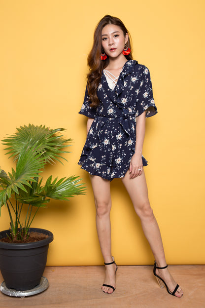 Chloe Flutter Floral Romper in Navy