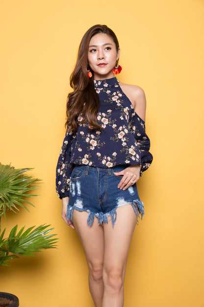 Milly Off Shoulder Floral Top in Navy