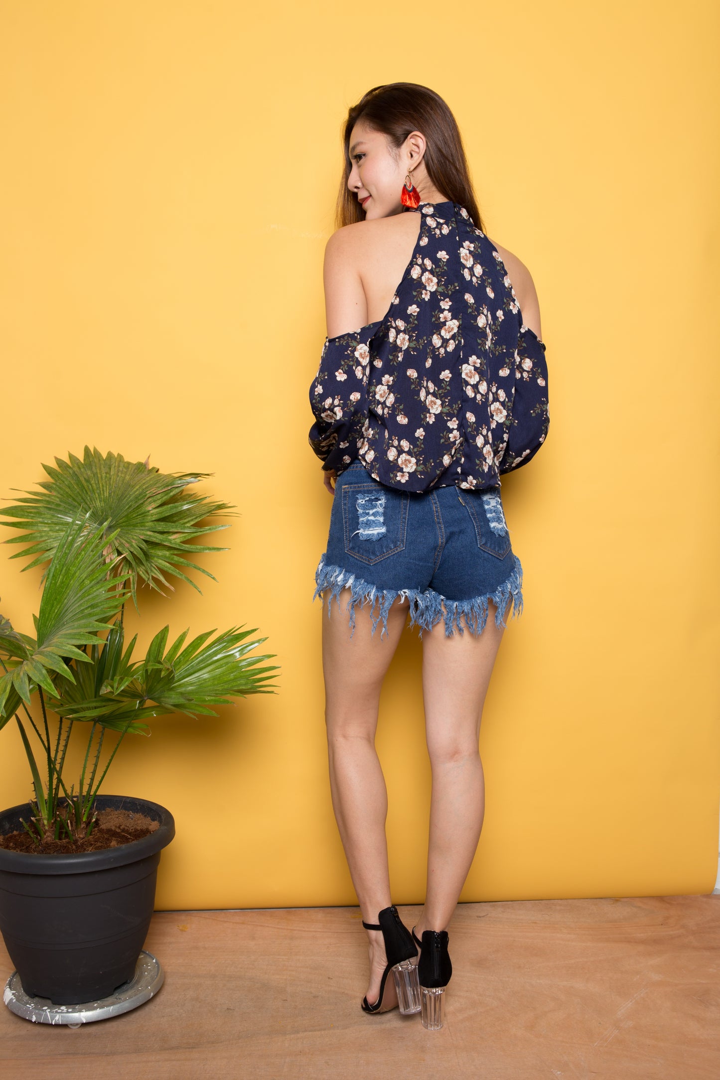 Milly Off Shoulder Floral Top in Navy