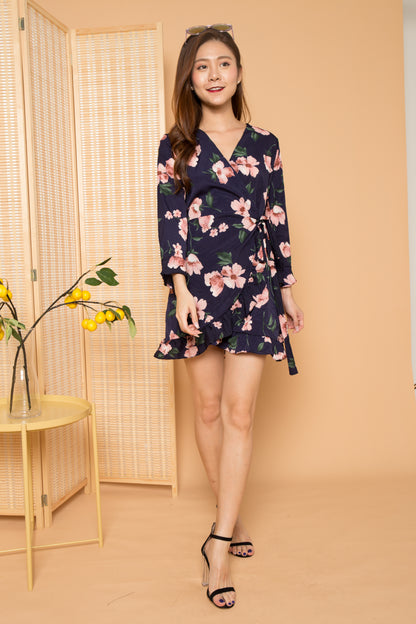 Rivka Floral Wrapped Dress in Navy