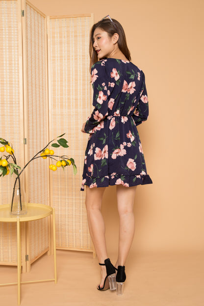 Rivka Floral Wrapped Dress in Navy